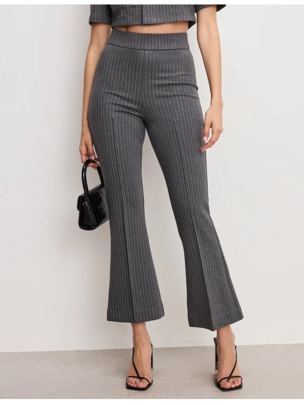 Good American Soft Stretch Grey Pinstriped Ponte Flare Pants